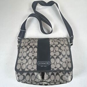 Coach Signature Jacquard Messenger Bag Black Grey Monogram Crossbody Flap Purse